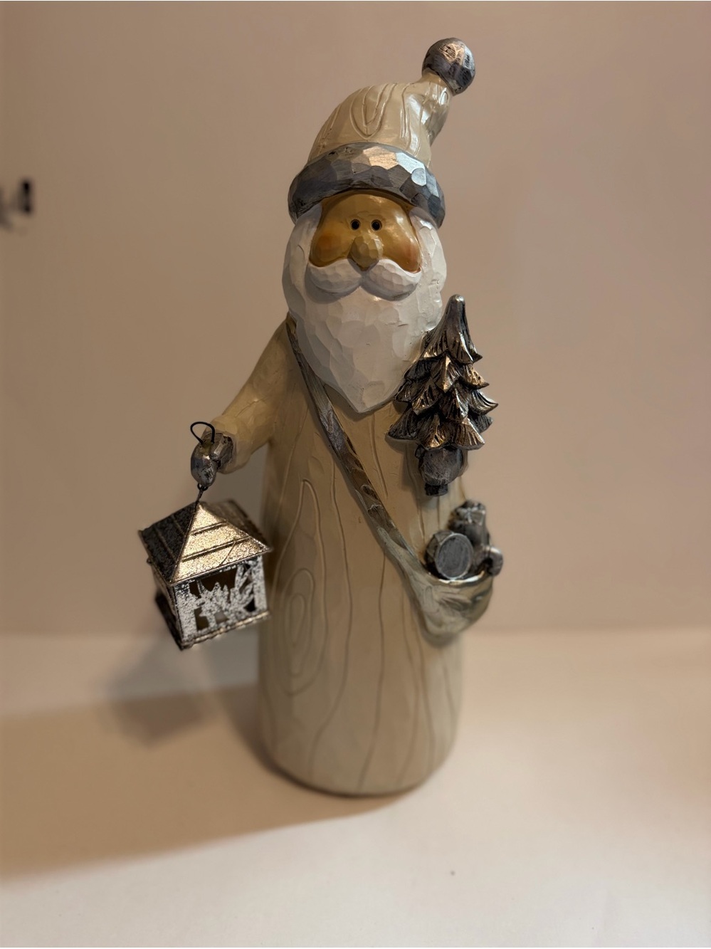 Folk Art Style Santa Figurine White Silver Christmas Tree Metal Lantern